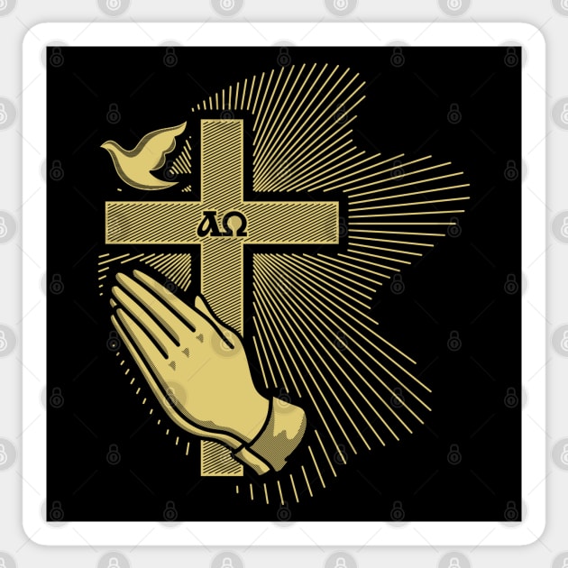 The cross of Jesus, praying hands and a dove - a symbol of the Holy Spirit Sticker by Reformer